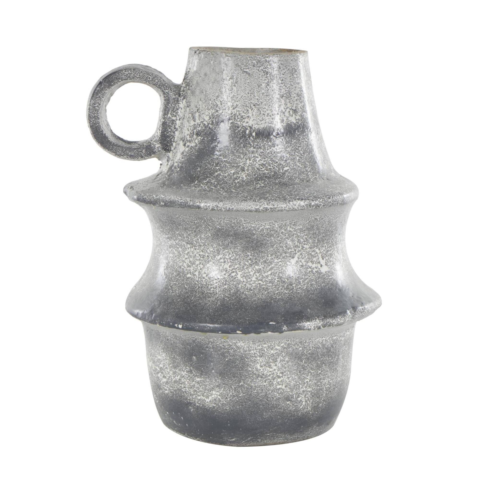 16" Light Gray Paper Mache Distressed Fluted Vase with Ring Handle